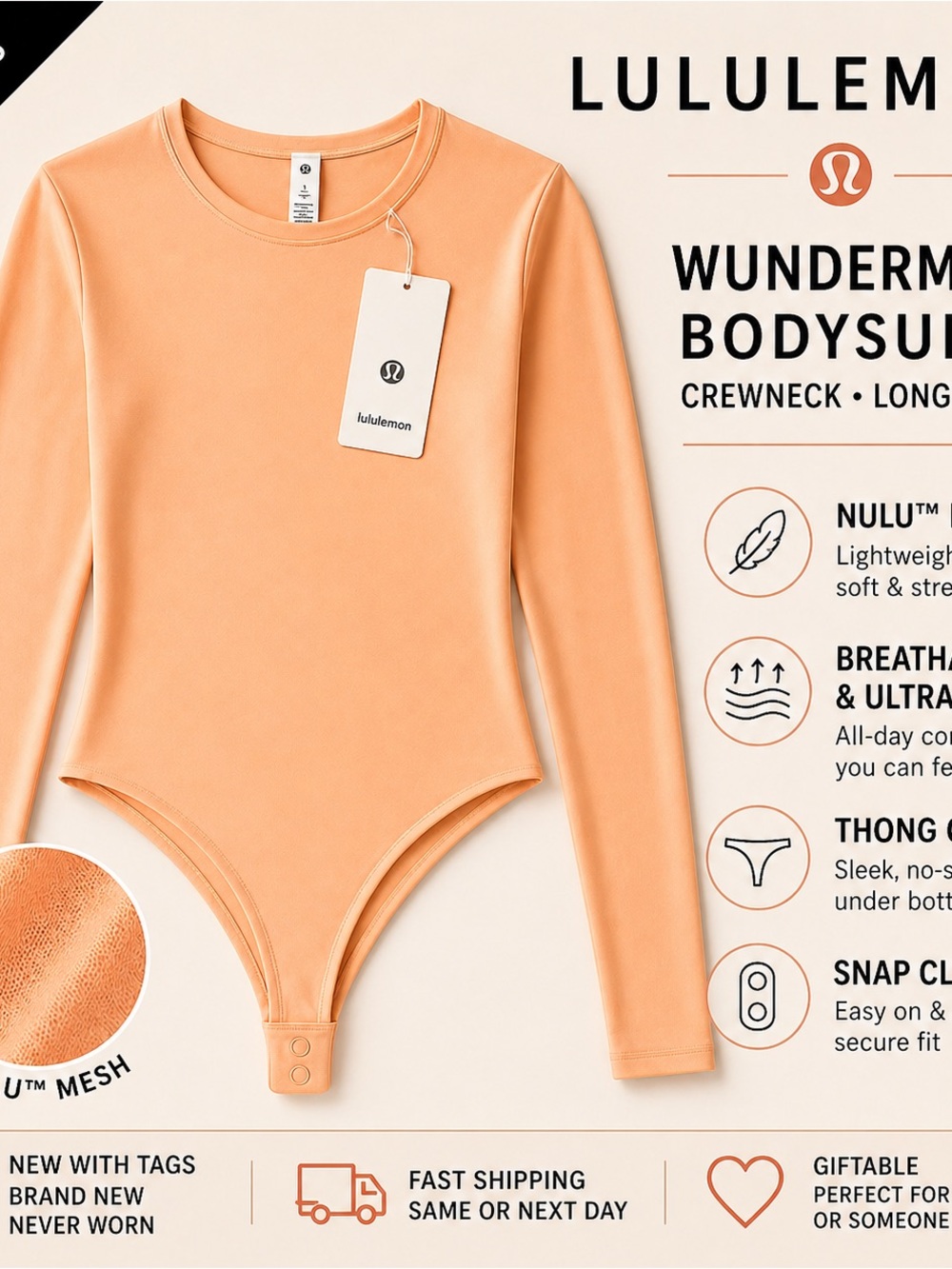 Lululemon Wundermost Bodysuit Peach Bellini Long Sleeve Thong Crewneck NWT